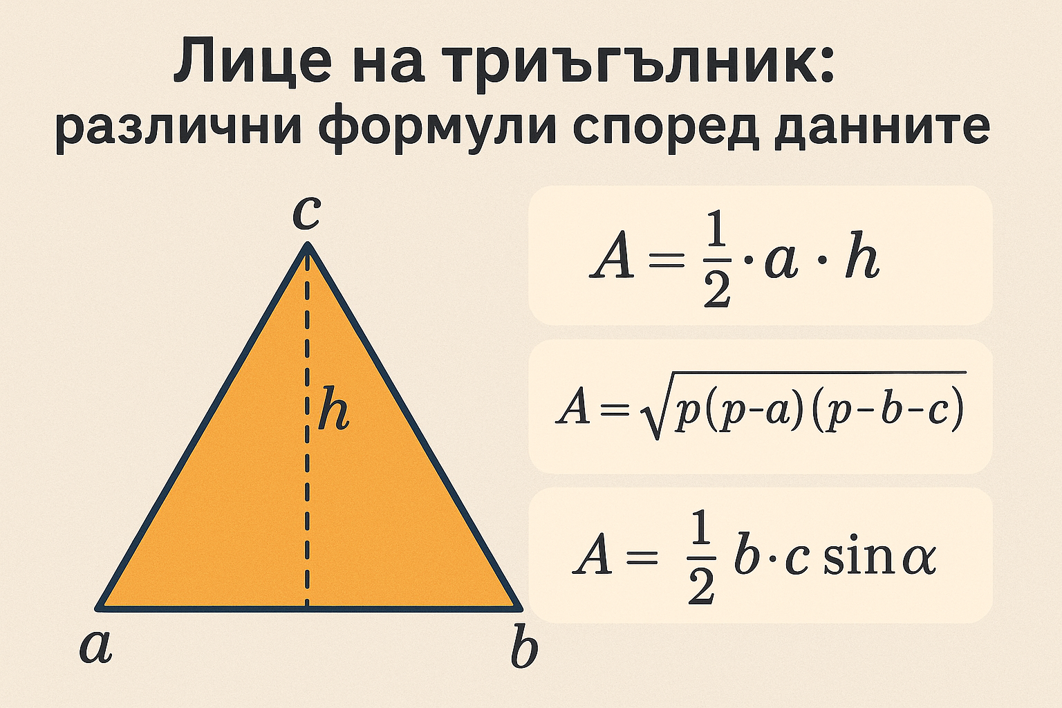 Лице на триъгълник: различни формули според данните