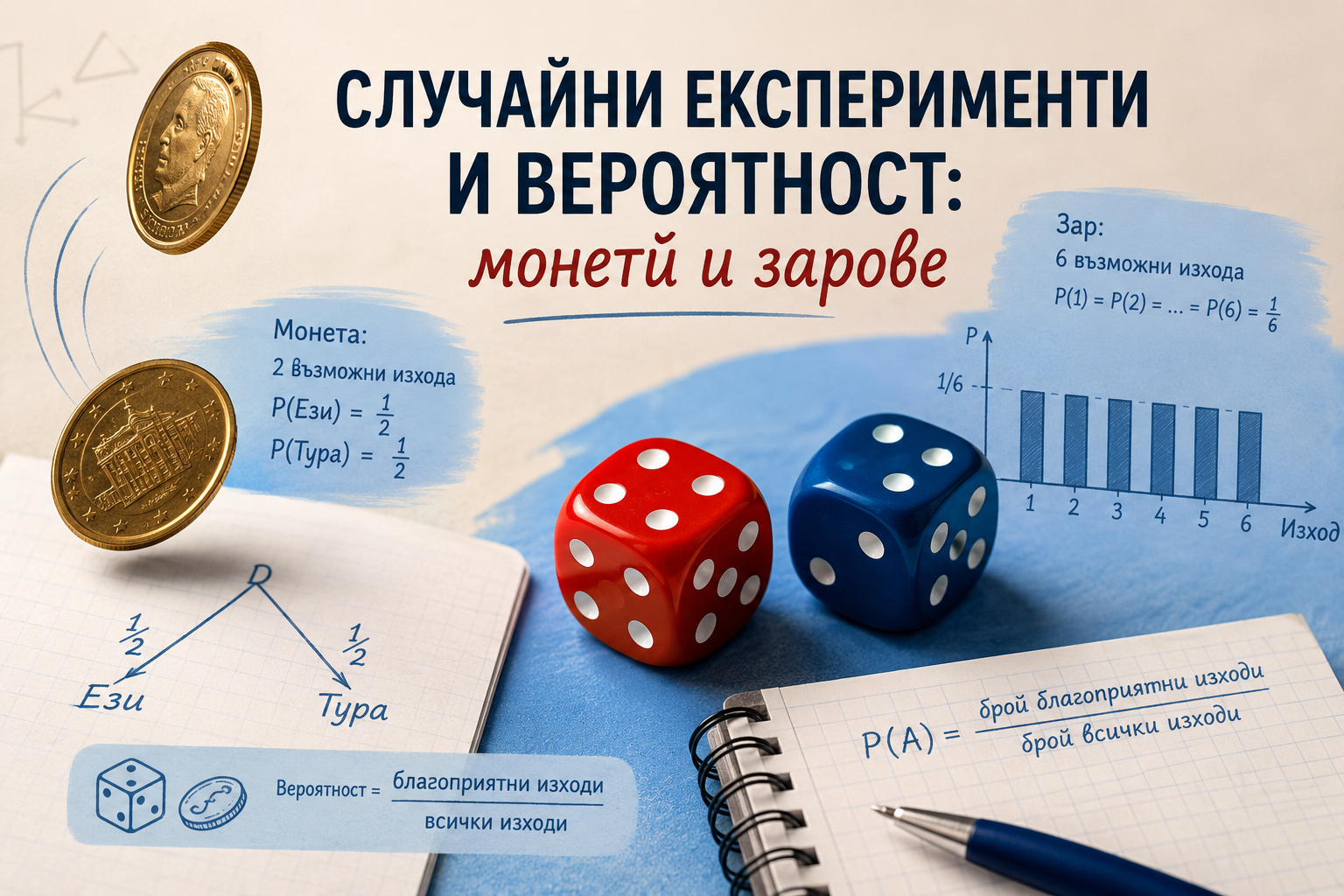 Случайни експерименти и вероятност: монети и зарове