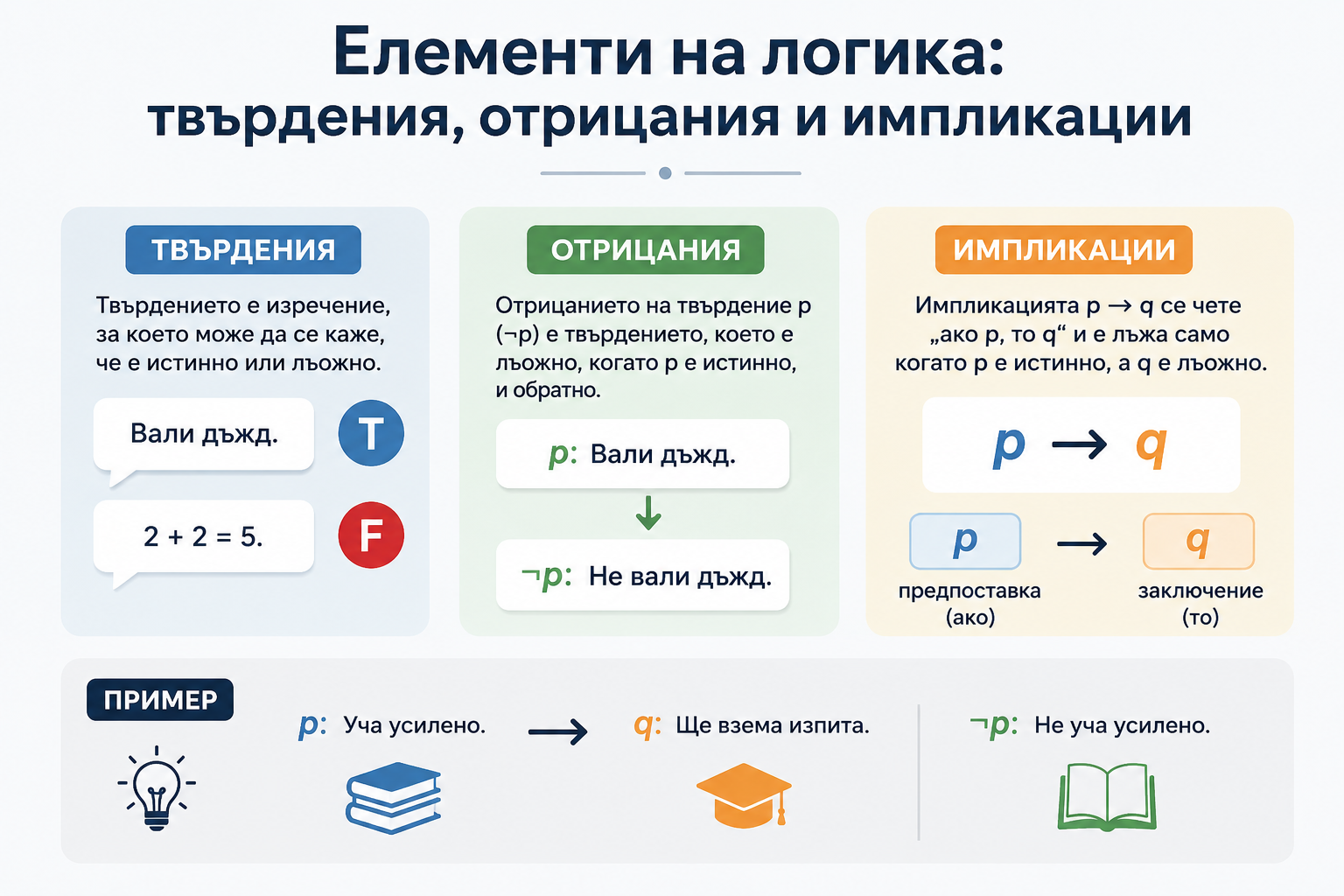 Елементи на логика: твърдения, отрицания и импликации